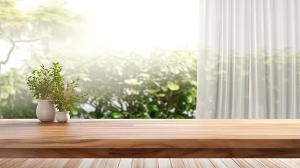 Fotobehang 3D rendering of empty fine teak wood table top for products display, beautiful sunlight from a white bay window garden view with blowing sheer curtains in background, Mock up, Backdrop, Home product. © HN Works