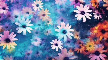 Seamless blurred floral pattern. Small smeared daisy flowers in grunge style. Defocused liquid flowers. Modern fashion summer all over print design for fabric, textile. Hippie psychedelic swatch - obrazy, fototapety, plakaty