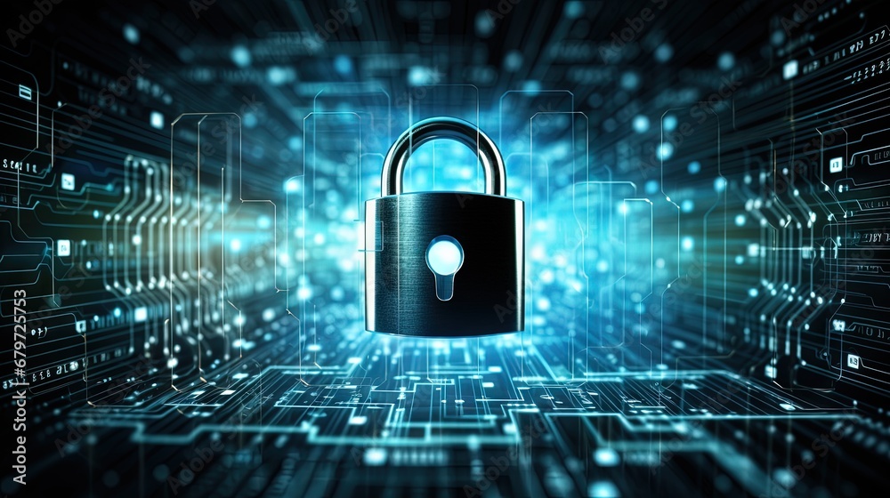 Poster internet digital security technology concept for business background. Lock protect data