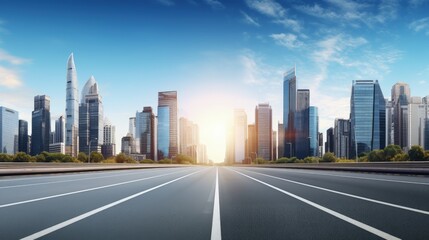 Panoramic skyline and modern commercial buildings with empty asphalt road