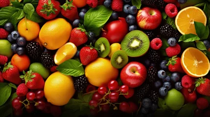 Gordijnen Healthy food background. Collection with color fruits, berries and vegetables © HN Works