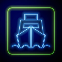 Glowing neon Cargo ship with boxes delivery service icon isolated on blue background. Delivery, transportation. Freighter with parcels, boxes, goods. Vector