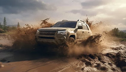 Foto op Plexiglas A White Truck Conquering the Muddy Terrain with Grace and Power © Marius