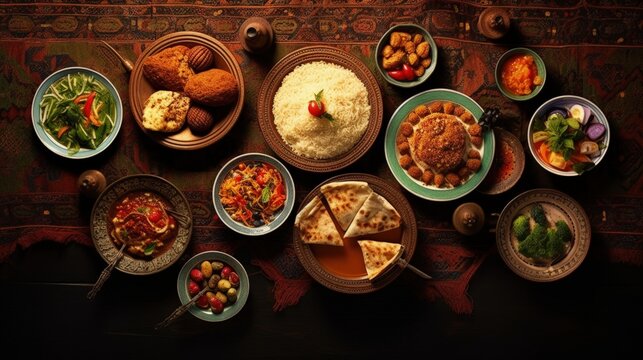 Arabic Cuisine: Middle Eastern traditional lunch. It;s also Ramadan "Iftar" . The Meal eaten by Muslims after sunset during Ramadan. Assorted of Egyptian oriental dishes. Top view with copy space.