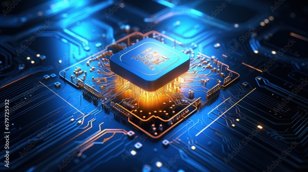 Poster Artificial Intelligence hardware concept. Glowing blue brain circuit on microchip on computer motherboard. For big data processing, ai trading, machine learning, technology background
