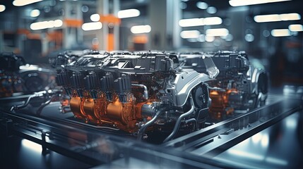 Automated production assembly line with manufactured car engines in the car factory. Car factory. Car parts. Engine factory.