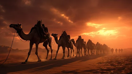 Foto op Plexiglas Caravan of camels in the Sahara desert during desert storm, Morocco © HN Works