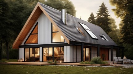 Obraz premium Modern barn house with a stylish exterior and facade. Concept of an eco-friendly house. Scandinavian style Barnhouse in the woods.