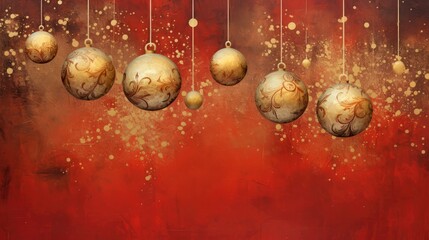  a painting of christmas ornaments hanging from a line of red and gold baubles on a red and gold background.