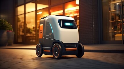 Autonomous delivery robot on Tallinn, Estonia. Estonian company developing autonomous delivery vehicles. Concept of future, technology, unmanned courier robot. - obrazy, fototapety, plakaty