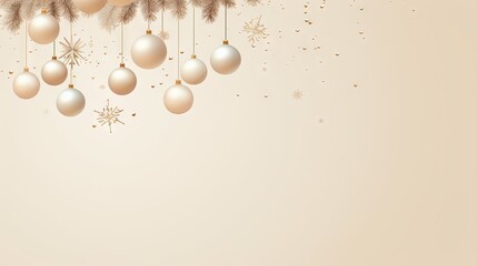  a beige christmas background with baubles and snowflakes hanging from the branches of a christmas tree with snowflakes and snowflakes.