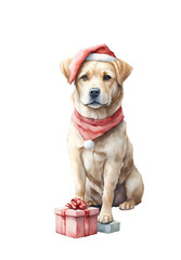 Adorable Watercolor Dog With Santa Hat