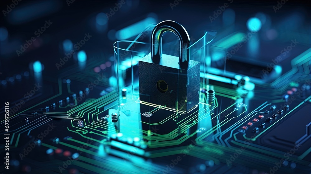 Aufkleber Padlock on computer motherboard. Internet data privacy information security concept. Antivirus and malware multilayer defense.