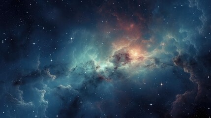 Space with countless stars, turquoise, blue and orange nebulae, galaxies, abstract cosmic background - obrazy, fototapety, plakaty