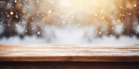 wooden empty surface with snow in the background. snowfall out of focus. AI generated	