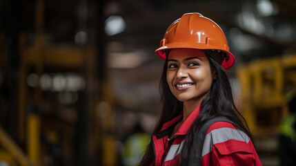 portrait of smiling indian female engineer on site wearing hard hat, high vis vest, and ppe	