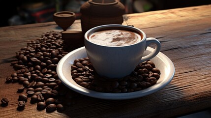 Coffee cup and beans on a wooden table.