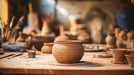 Working tools for making clay pottery in a home workshop on the table.Small business,entrepreneurship,hobby, leisure concept.Selective focus with the shallow depth of field. - obrazy, fototapety, plakaty
