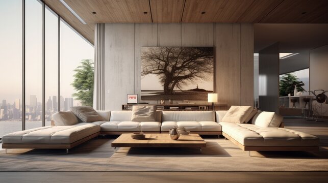 Modern spacious lounge or living room interior