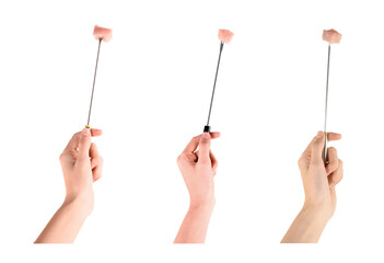 Women holding forks with pieces of raw meat on white background, set of photos