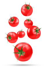 Fresh ripe tomatoes falling on white background