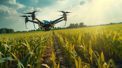 Agriculture drone fly to sprayed fertilizer on the sweet corn fields - obrazy, fototapety, plakaty