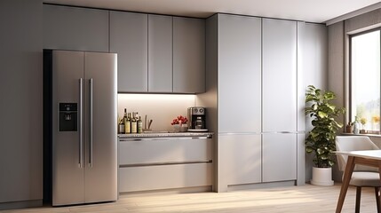 Modern new fitted tall cupboards in kitchen light grey color, interior trendy units. Huge storage inside house, built in wardrobe