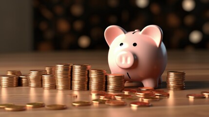 Saving inflation, financial crisis and loosing money concept. Piggy bank with decreasing piles of coins on wooden cubes. Falling income, lower wages. Decrease in GDP. Economic recession, crisis.