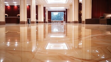 Marble floor in luxury lobby of office or hotel. Clean floor tile with reflections for background. Shiny stone floor in commercial building after professional cleaning service. - obrazy, fototapety, plakaty