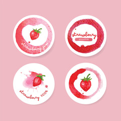 Strawberry logo label set. Watercolor hand drawn painting strawberry. Organic and natural product guaranteed banner. Vector logo design.