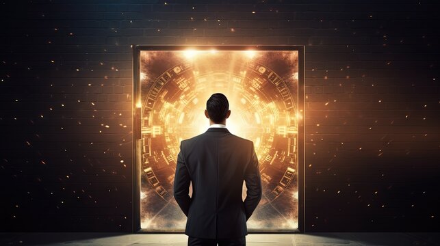 Back view of businessman standing in abstract key opening in wall with bright light and mock up place. Solution and decision concept