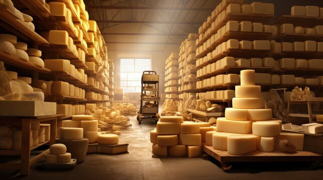 shelves with cheese at a cheese warehouse