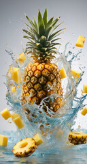 Pinapple in water splash, make a healty juice, isolated white background, generative art, generative ai.