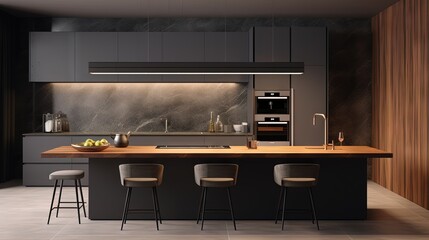 Modern minimalistic kitchen with black and wooden surfaces, marble kitchen island top and household appliances. Modern Concept For Interior Design And Architecture.
