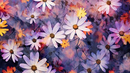 Seamless blurred floral pattern. Small smeared daisy flowers in grunge style. Defocused liquid flowers. Modern fashion summer all over print design for fabric, textile. Hippie psychedelic swatch