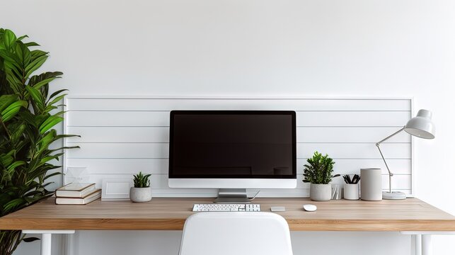 Designed modern workspace with white desktop computer