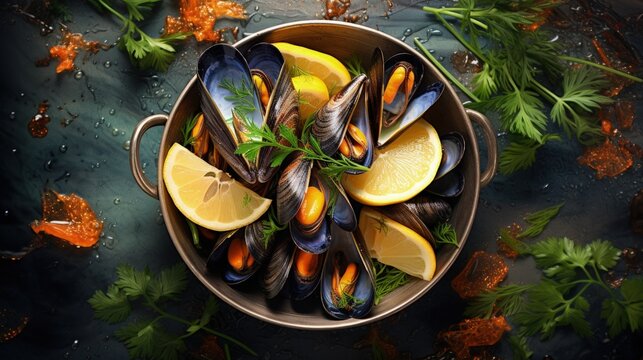 Shellfish Mussels in copper bowl with lemon and herbs. Shellfish seafood. Top view.