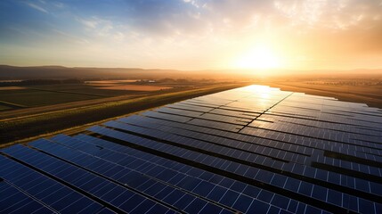 Aerial view of the solar panel in solar farm in evening sun light, West Sussex, UK. - obrazy, fototapety, plakaty