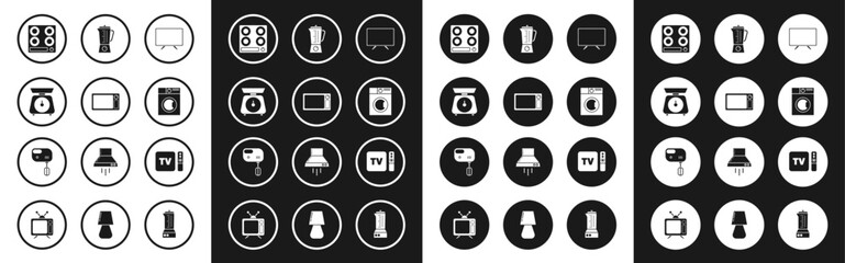 Set Smart Tv, Microwave oven, Scales, Gas stove, Washer, Blender, TV box receiver and player with remote controller and Electric mixer icon. Vector