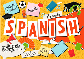 Spanish. Language collage. Hablas Espanol? Hallo...Translation: "Do you speak Spanish, hello; Present, Spanish, language, Future, a lot, for, verbs"