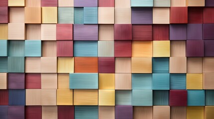 Colored wooden tiles in a arranged pattern, multiple colors. Arranged on a natural white background, with highlight on upper left corner and natural shadows.