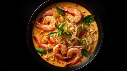 Laksa Shrimp Soup. Prawn noodle laksa soup on black background, top view, copy space. Asian Malaysian food. - obrazy, fototapety, plakaty
