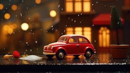 A red retro toy car with a heart on the roof behind a rainy window.Food delivery from cafes and restaurants on Valentine's Day.Blocking, restrictions and sadness in the city because of the coronavirus