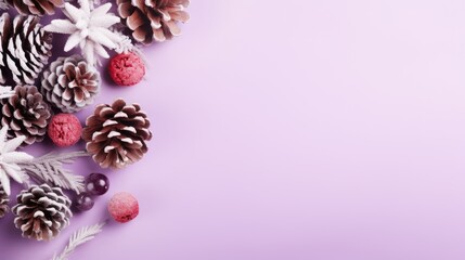 Fototapeta na wymiar a purple background with pine cones, raspberries, berries, and berries on top of eachother.