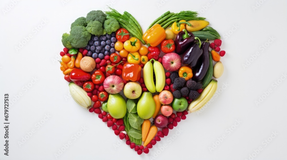 Poster assortment of fresh vegetables and fruits making heart shape frame with white middle