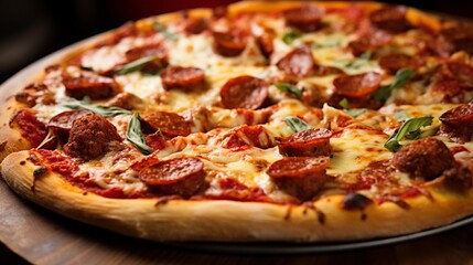 A close-up of a pepperoni and sausage pizza, highlighting the richness of its toppings.