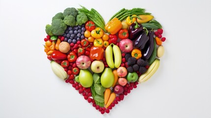 Assortment of Fresh Vegetables and Fruits Making Heart Shape Frame with White Middle