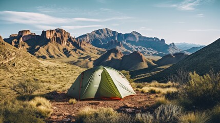 Backcountry Tent Camping in Big Bend National Park, Texas - Ultralight Hiking Gear Tarp Tent Campsite with Prickly Peak Cactus, Chisos Mountains Landscape Background