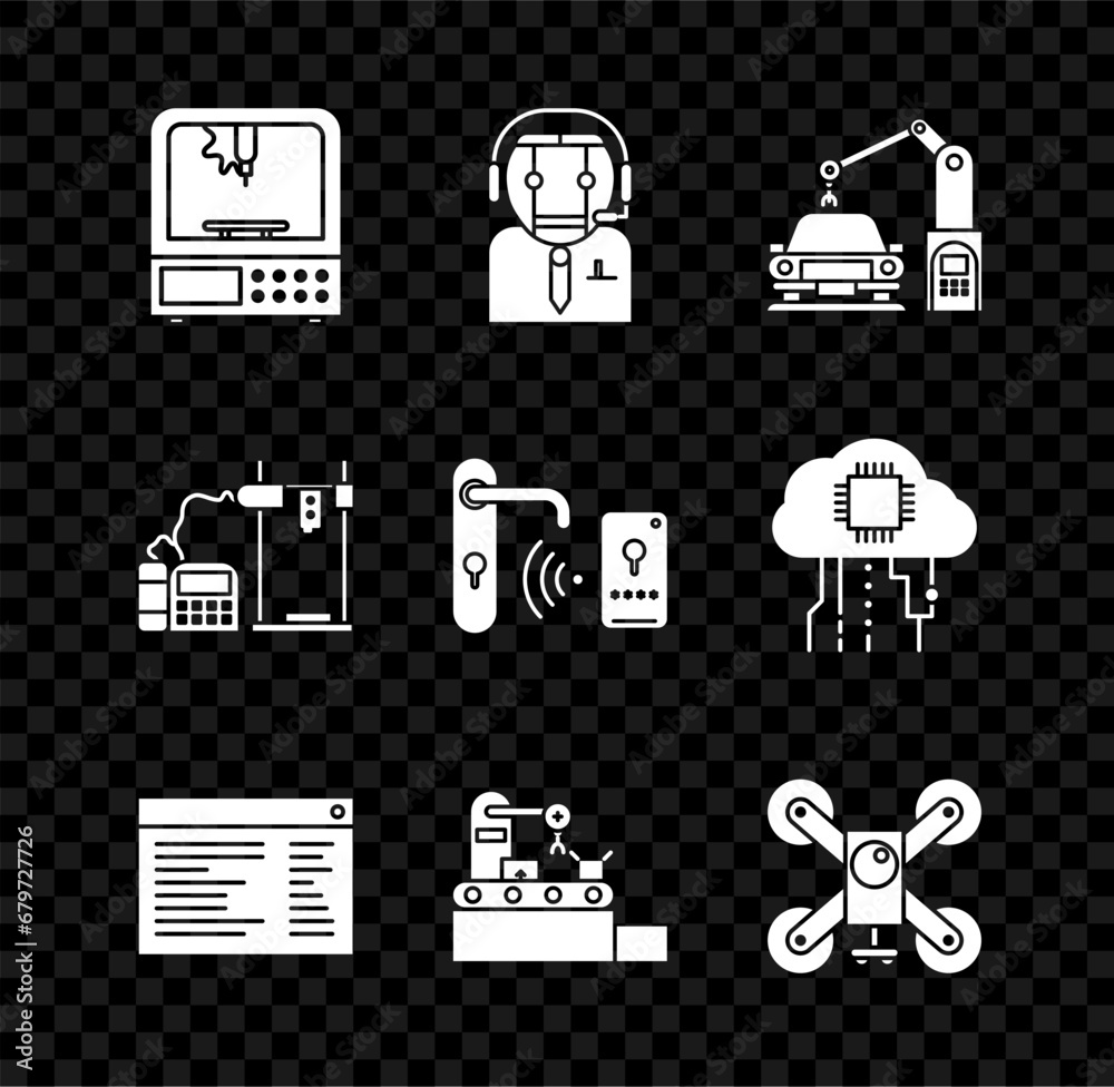 Poster set 3d printer, software, web developer programming code, factory conveyor system belt, drone flying