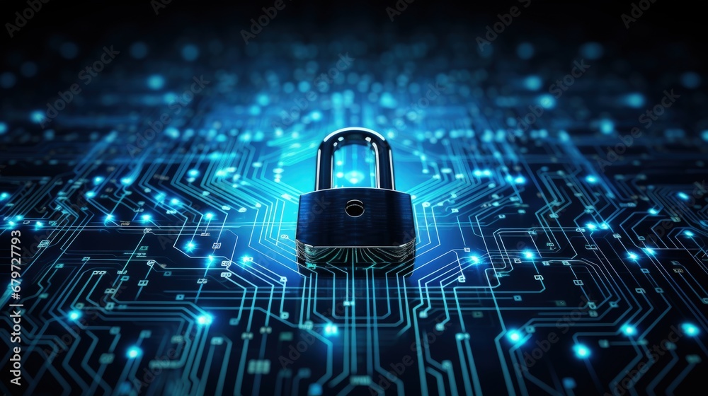 Poster internet digital security technology concept for business background. Lock protect data